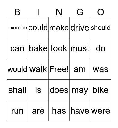 Verbs Bingo Card