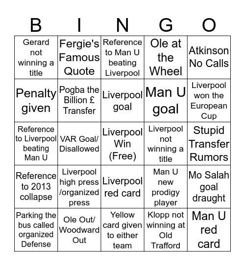 Liverpool/United Bingo Card
