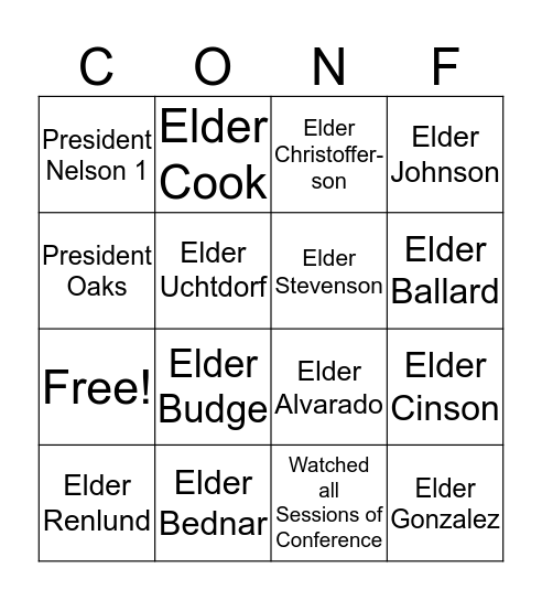General Conference Bingo Card