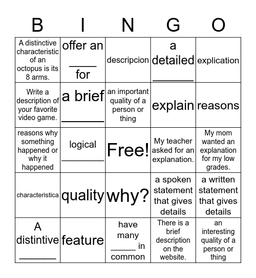 Academic Vocabulary Review Bingo Card