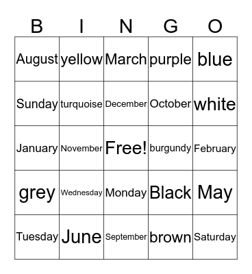 Colors, days of the week  and Months Bingo Card