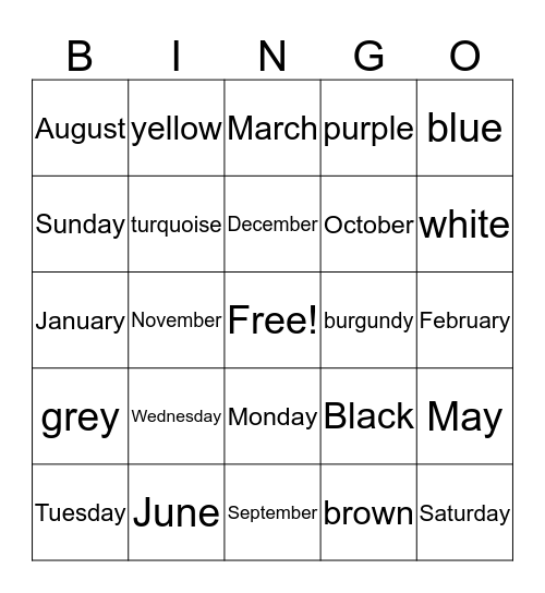 Colors, days of the week  and Months Bingo Card