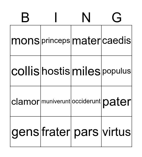 Latin Bingo Card