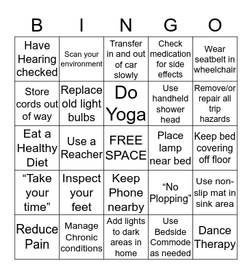 FALL PREVENTION  Bingo Card