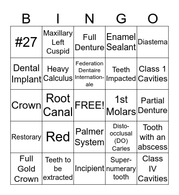 Dental Charting Bingo Card