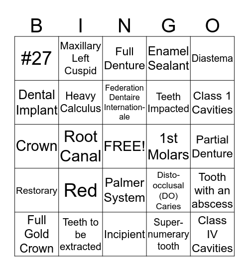 Dental Charting Bingo Card