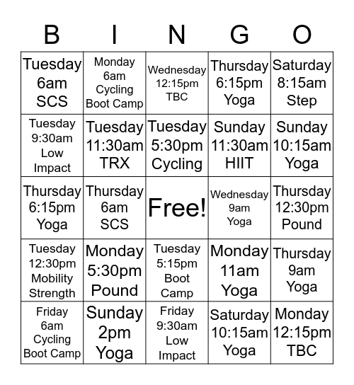 Sportsplex Classes Bingo Card