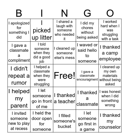 Filling Buckets Bingo Card