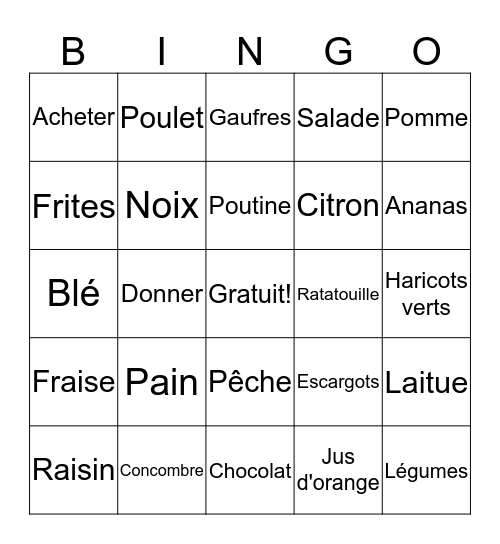 Les Aliments! Bingo Card