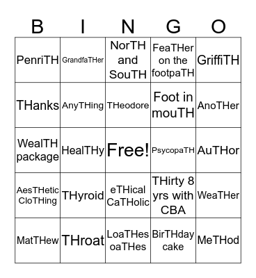 MZ "TH" Digraph Bingo Card