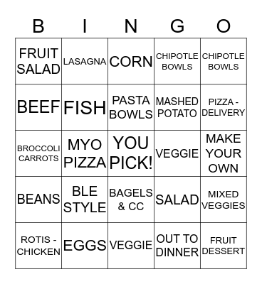 McCluskey Meals Bingo Card