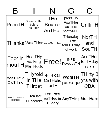 MZ "TH" Digraph Bingo Card