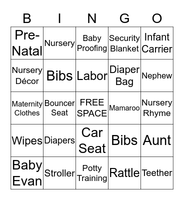 EVAN'S BABY SHOWER BINGO Card