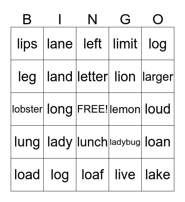 /L/ initial Bingo Card
