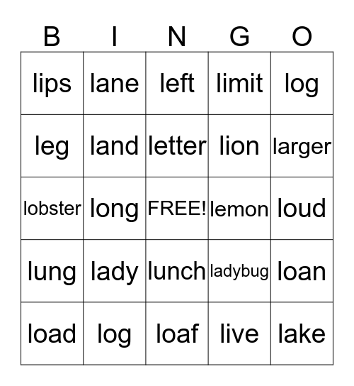 /L/ initial Bingo Card