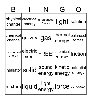 Physical Science Bingo Card