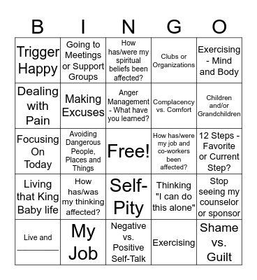 Men's Residential Recovery Bingo Card