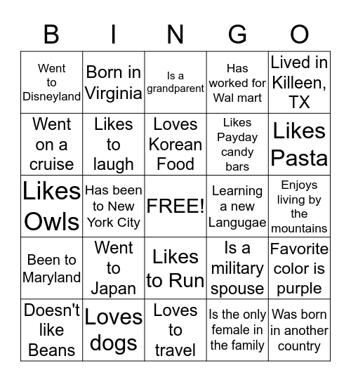 " Get Acquainted Bingo" Bingo Card