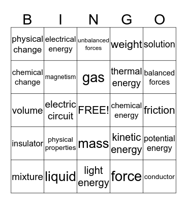 Physical Science Bingo Card