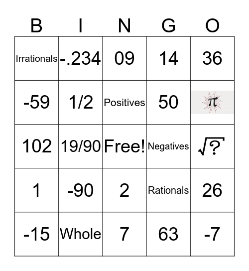 Number Sets Bingo Card