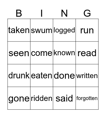 Irregular Past Participle Verbs Bingo Card