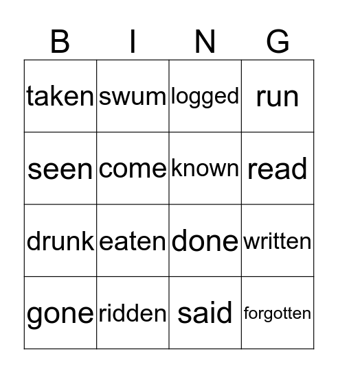 Irregular Past Participle Verbs Bingo Card