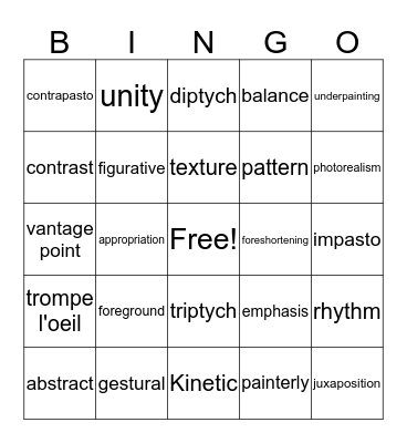 Art Vocabulary Bingo Card