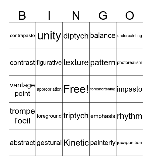 Art Vocabulary Bingo Card