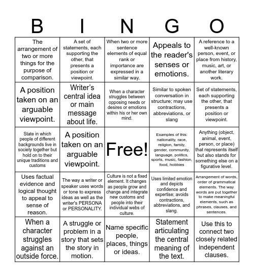 SpringBoard Bingo Unit Bingo Card