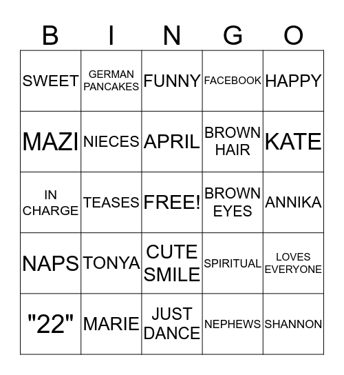 ALL ABOUT TONYA!! Bingo Card