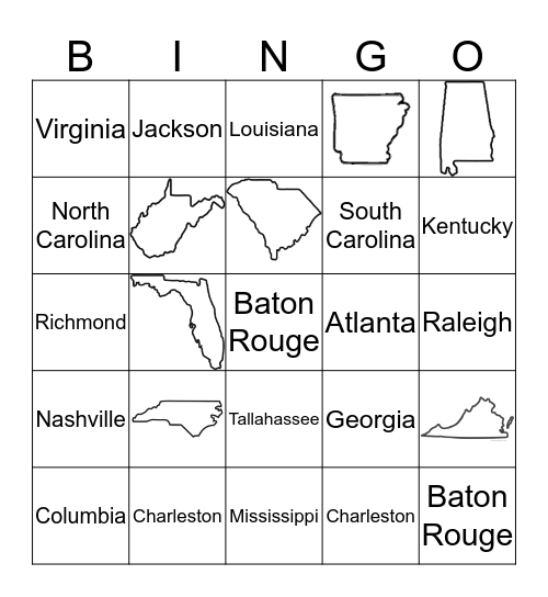 Southeast State and Capitals Bingo Card