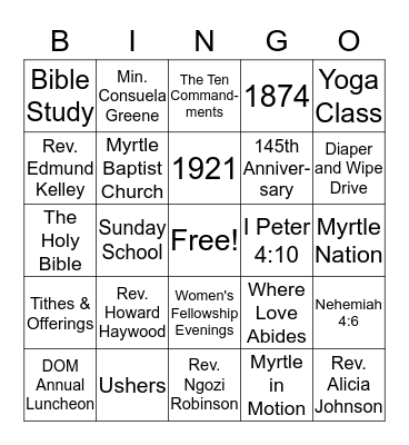 Myrtle Baptist Church Bingo Card