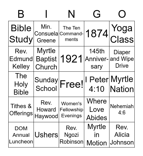 Myrtle Baptist Church Bingo Card