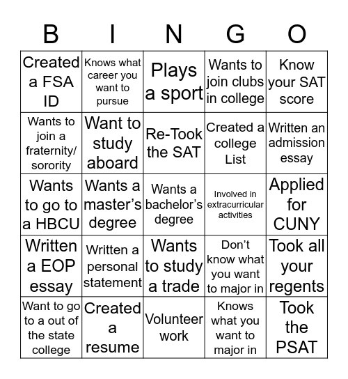 College  Bingo Card