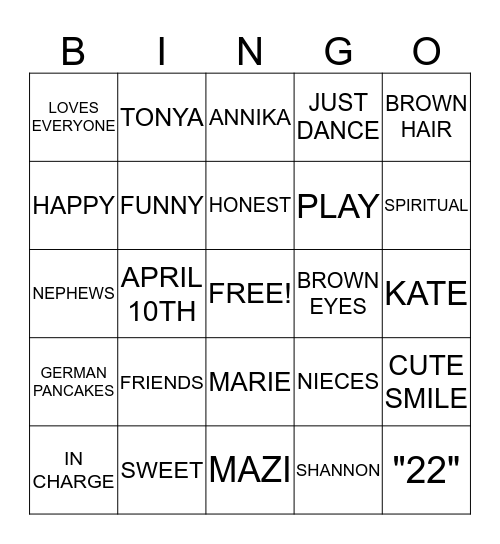 All About Tonya Maria Blackham Bingo Card