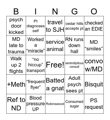 ED Social Work Bingo Card