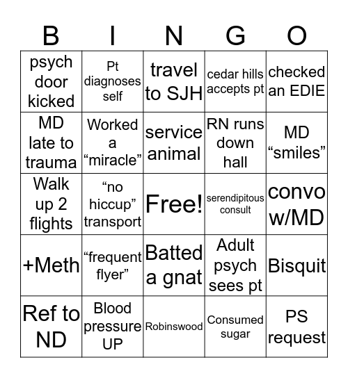 ED Social Work Bingo Card