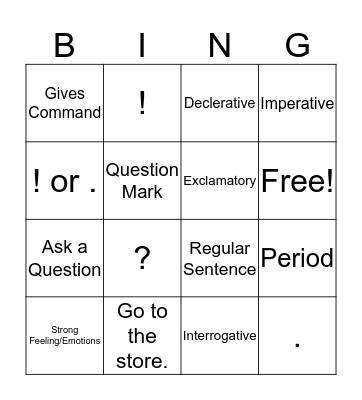 4 Sentences Bingo Card