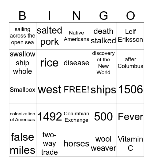 Christopher Columbus  Bingo Card