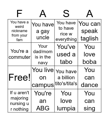 Filipino Bingo Card