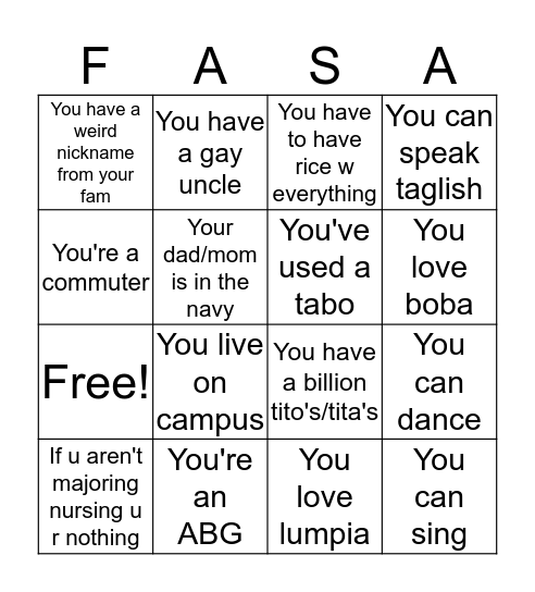 Filipino Bingo Card