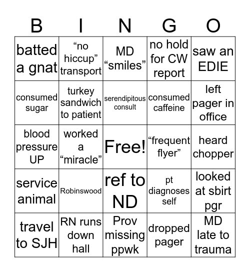 ED Social Work Bingo Card