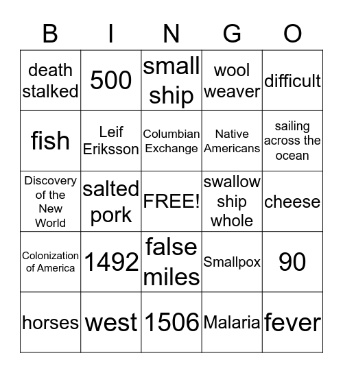 Christopher Columbus  Bingo Card