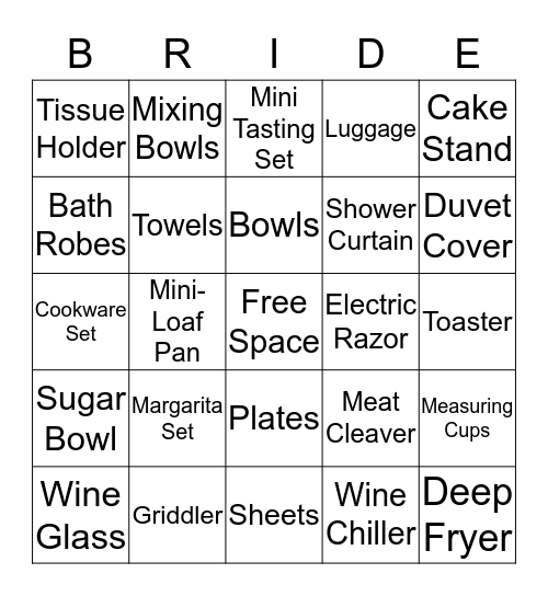 Gift Registry Bingo Card