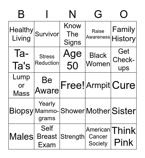 Breast Cancer Bingo Card