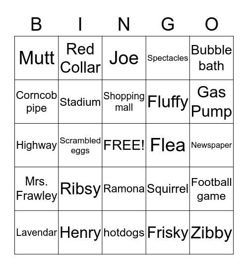Ribsy's Bingo Game Bingo Card