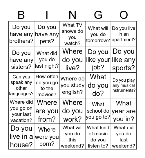 Home/family, job/studies & free-time activities: Bingo Card