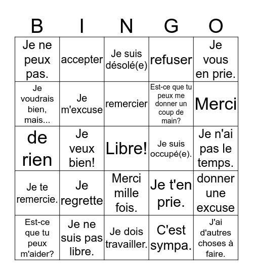 Pour Rendre Service- Français 3 J. Bowers Bingo Card