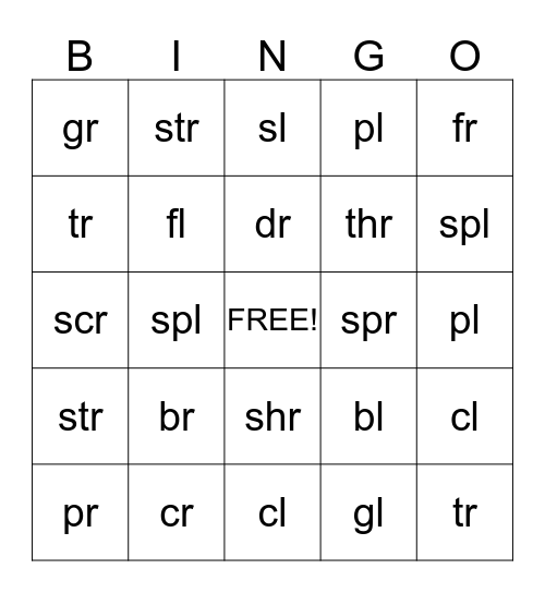 R Blend and L Blend Bingo Card