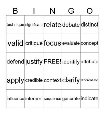 Academic Vocabulary Bingo Card